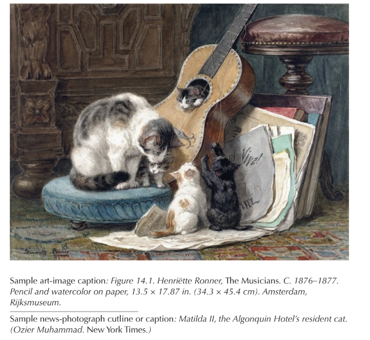 Watercolor painting of cats sitting next to a guitar. Underneath the painting is the text:
Sample art-image caption: Henriette Ronner, The Musicians C. 1876-1877.
Pencil and watercolor on paper, 13.5 x 17.87 in. Amsterdam, Rijksmuseum.

Sample news-photograph cutline or caption: Matilda II, the Algonquin Hotel's resident cat. (Ozier Muhammad. New York Times.)