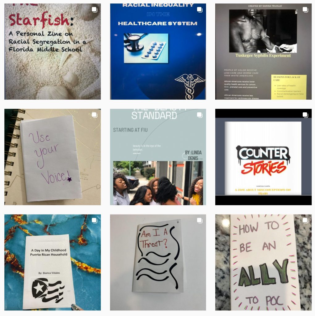 screenshot of Instagram feed, showing the cover pages of nine student zines